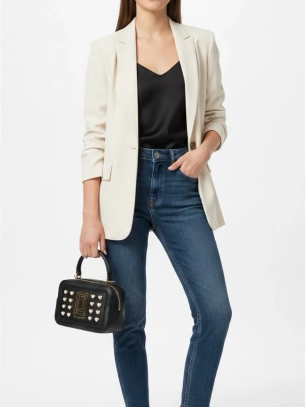 Karl Lagerfeld Black Heart-Accent Leather Camera Bag with Gold Hardware NWT